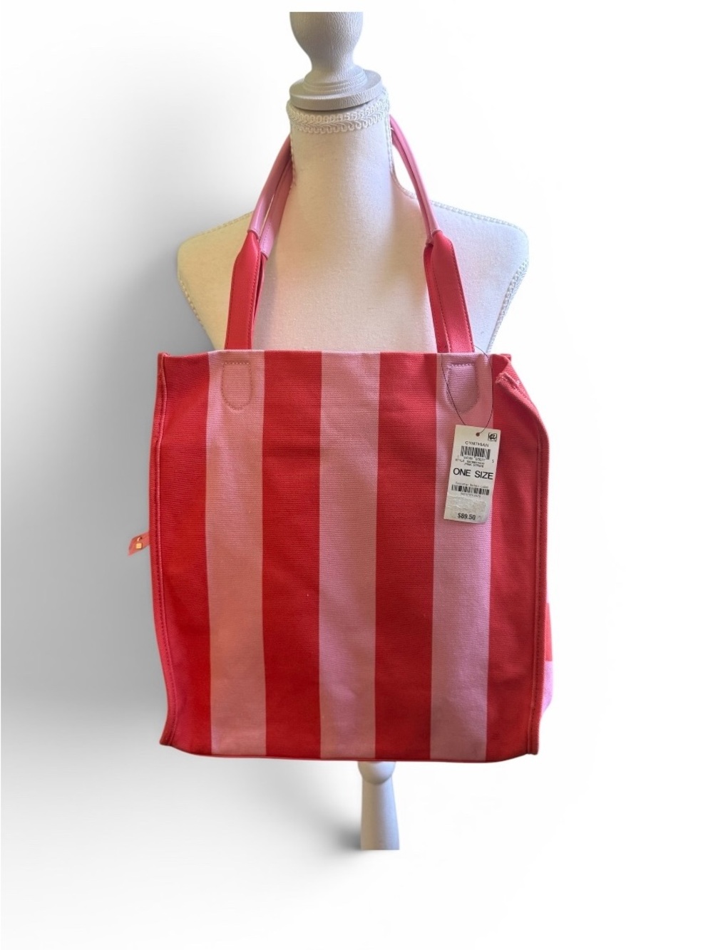 Large Striped Pink & Orange Canvas Tote Bag NWT, plus extra bag inside